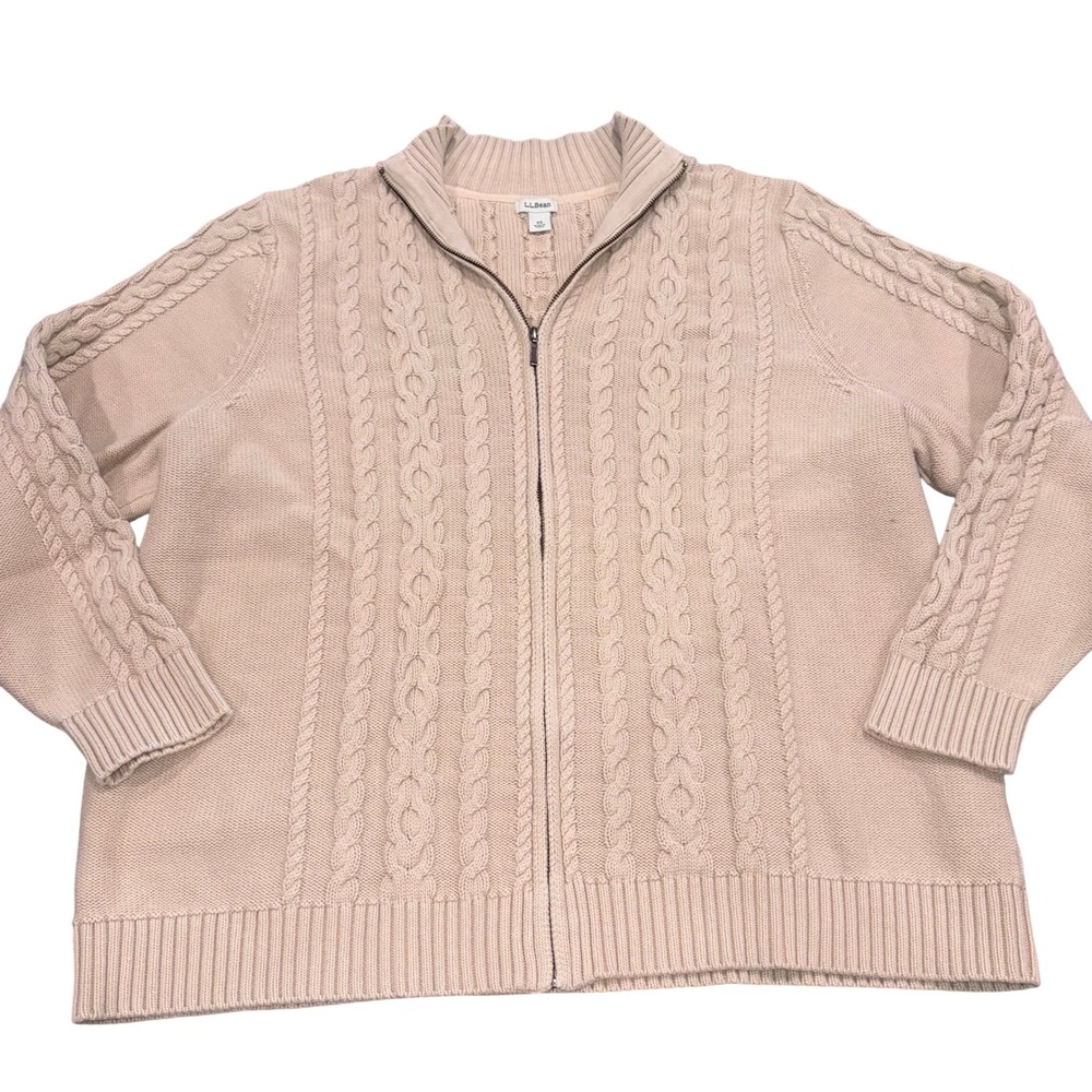 Cable Knit Full Zip Mock Neck L.L.Bean Cardigan Sweater Womens 3X Beige